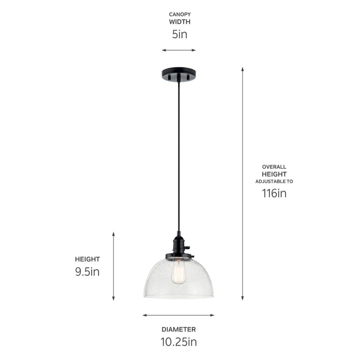 Avery 10" 1-Light Mini Pendant Light with Clear Seeded Glass, Black Finish