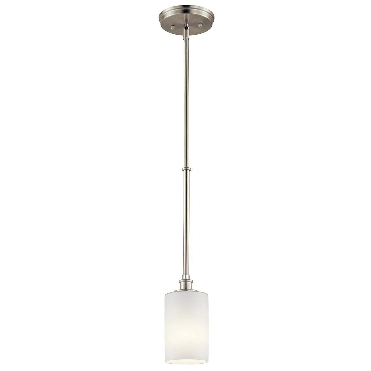 Joelson 19" 1-Light Mini Pendant Light with Satin etched cased opal glass, Brushed nickel Finish - Bees Lighting