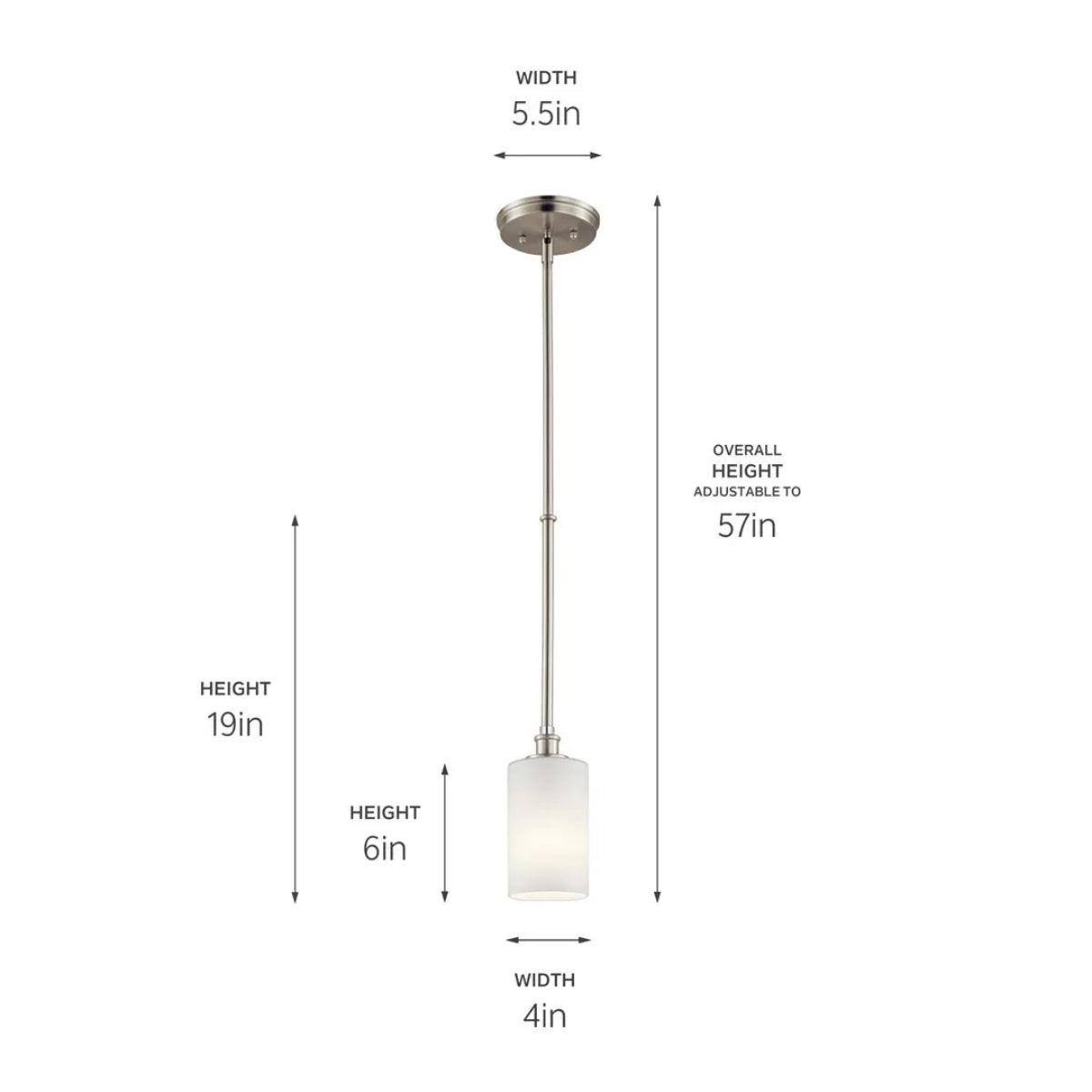 Joelson 19" 1-Light Mini Pendant Light with Satin etched cased opal glass, Brushed nickel Finish - Bees Lighting