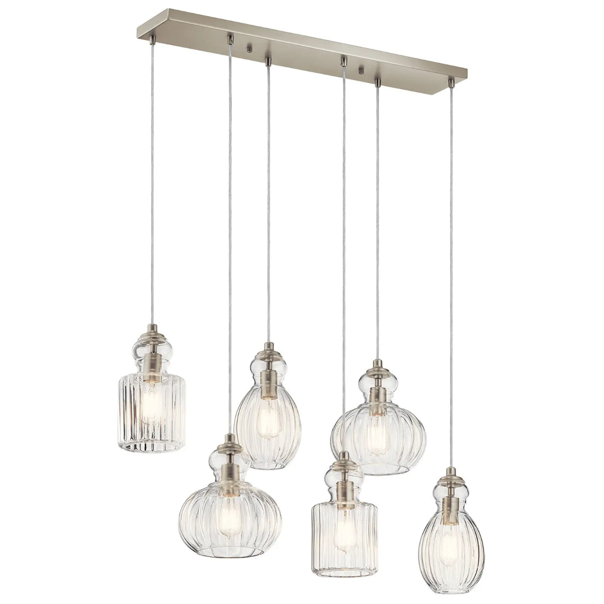 Riviera 36" 6-Light Linear Chandelier with Clear Ribbed Glass, Brushed Nickel Finish - Bees Lighting