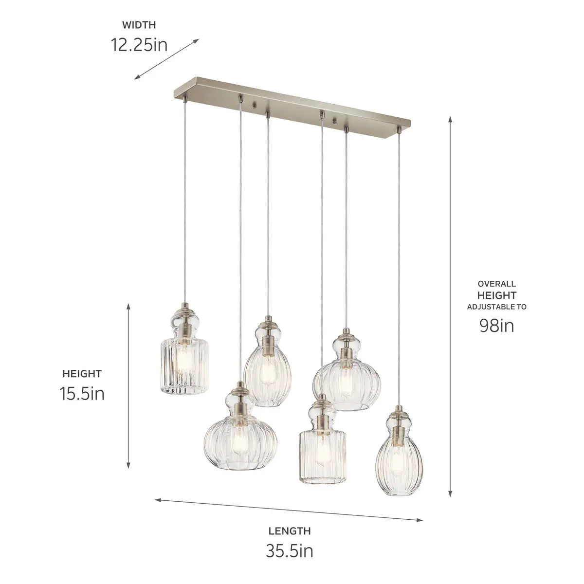 Riviera 36" 6-Light Linear Chandelier with Clear Ribbed Glass, Brushed Nickel Finish - Bees Lighting