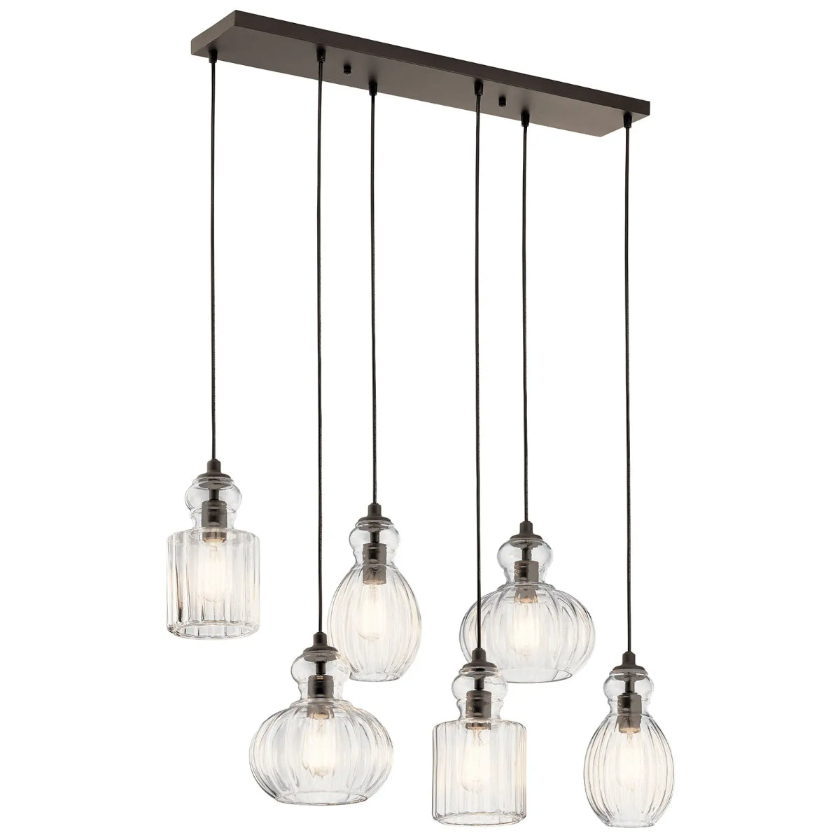 Riviera 36" 6-Light Linear Chandelier with Clear Ribbed Glass, Olde Bronze Finish - Bees Lighting