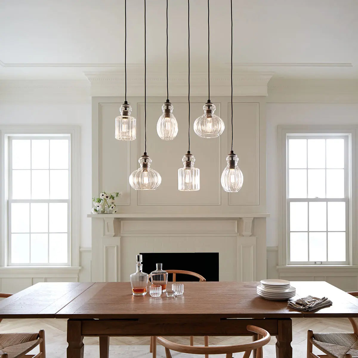 Riviera 36" 6-Light Linear Chandelier with Clear Ribbed Glass, Olde Bronze Finish - Bees Lighting