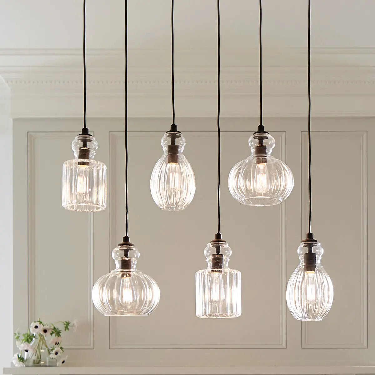 Riviera 36" 6-Light Linear Chandelier with Clear Ribbed Glass, Olde Bronze Finish - Bees Lighting