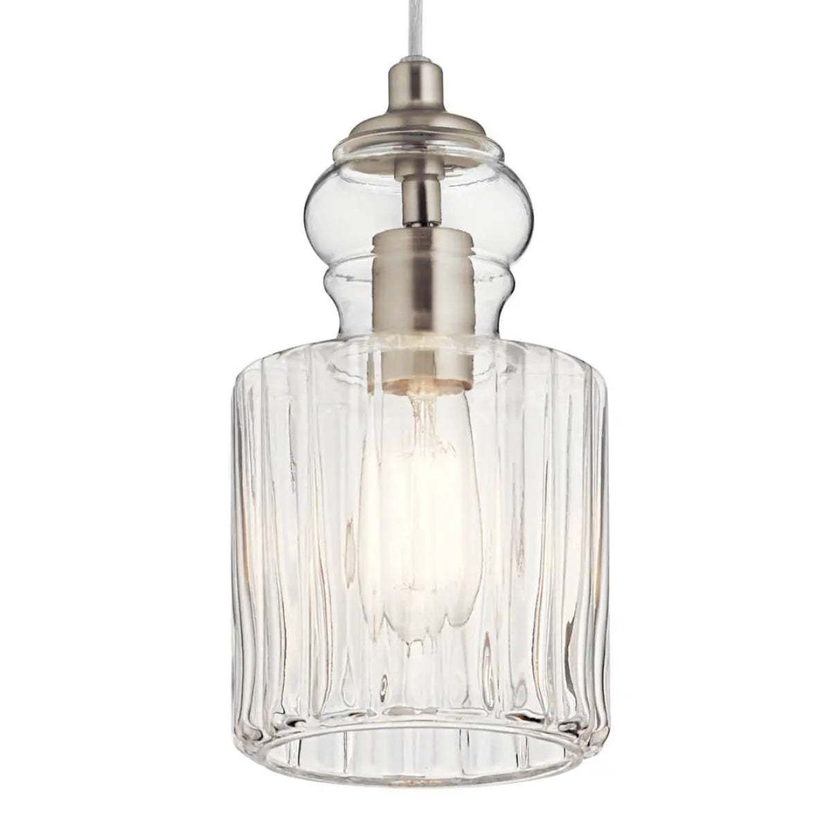 Riviera 11" 1-Light Mini Pendant Light with Clear Ribbed Glass, Brushed Nickel Finish