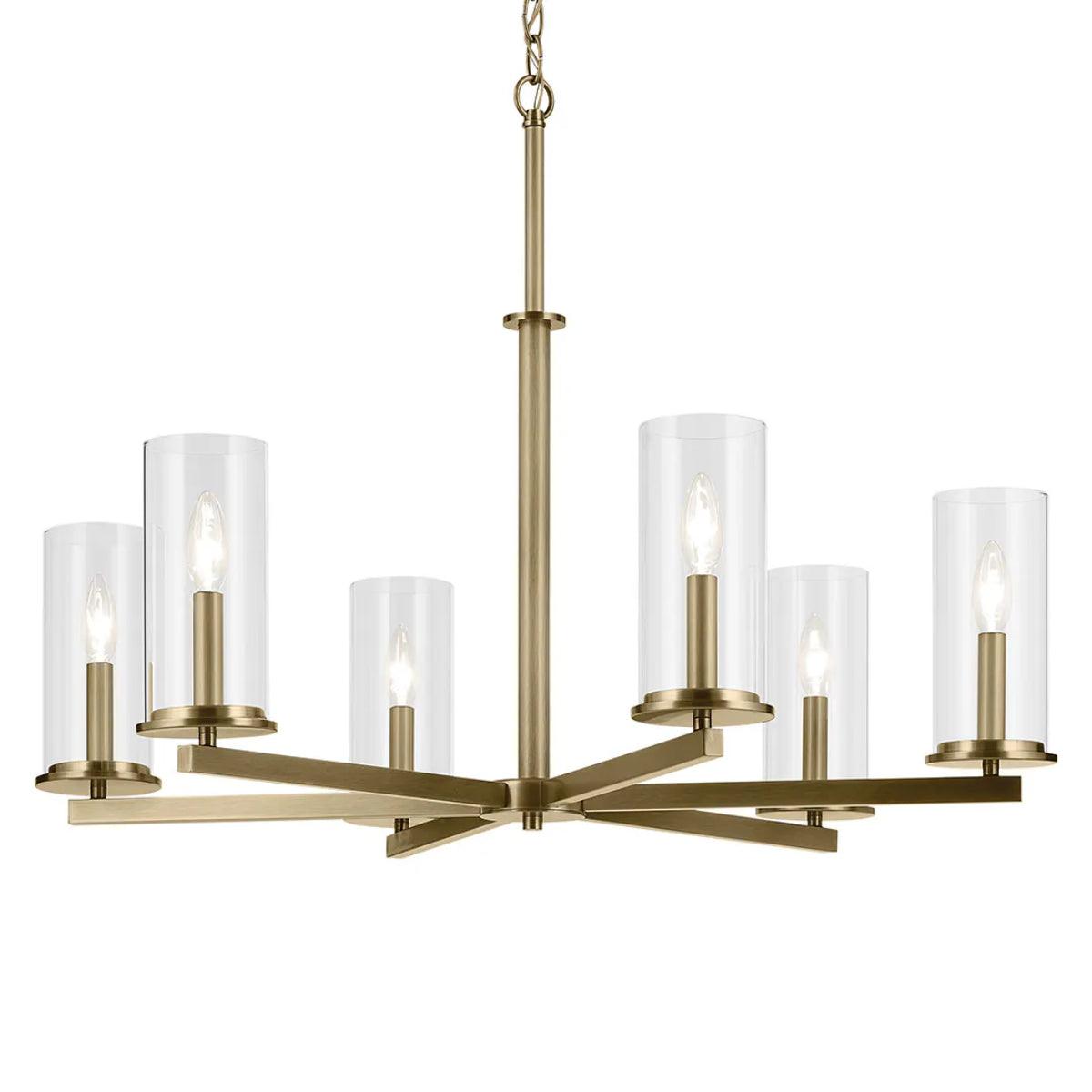 Crosby 32" 6-Light Chandelier 1-Tier with Clear Glass, Natural Brass Finish - Bees Lighting