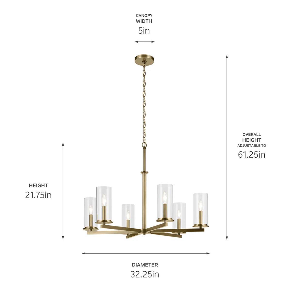 Crosby 32" 6-Light Chandelier 1-Tier with Clear Glass, Natural Brass Finish - Bees Lighting