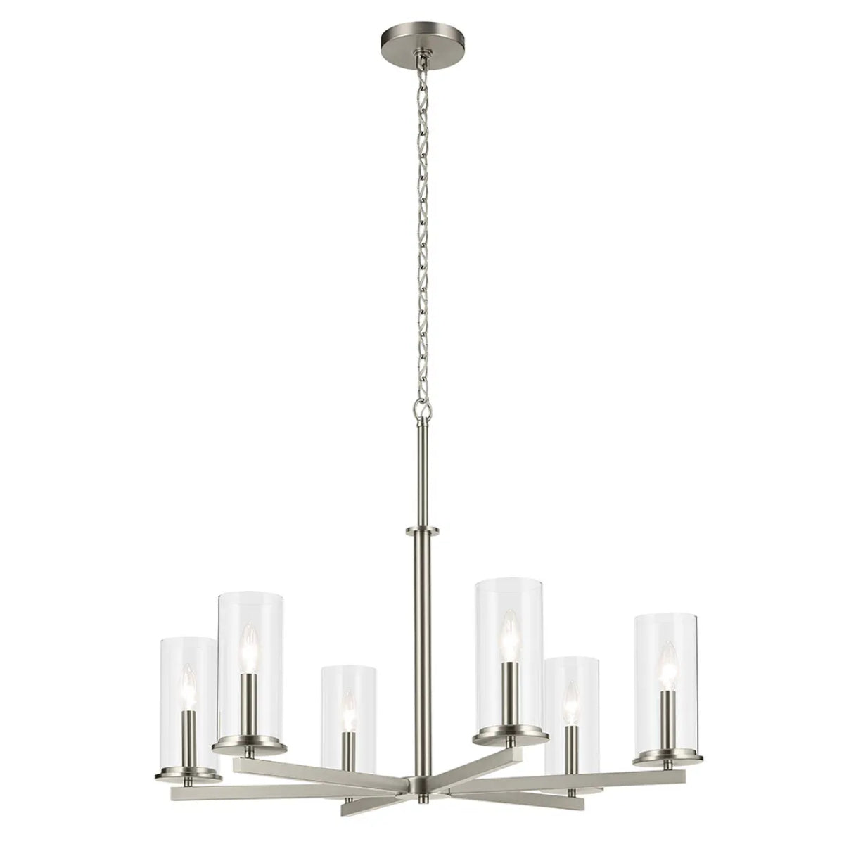 Crosby 32" 6-Light Chandelier 1-Tier with Clear Glass, Brushed Nickel Finish - Bees Lighting