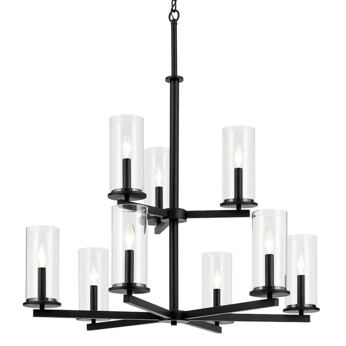 Crosby 33" 9-Light Chandelier Multi-Tier with Clear Glass, Black Finish - Bees Lighting