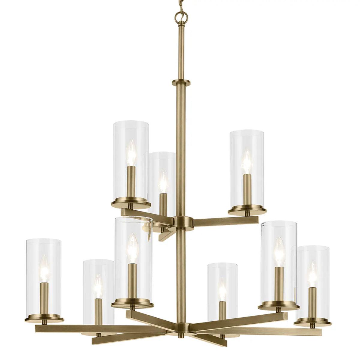 Crosby 33" 9-Light Chandelier Multi-Tier with Clear Glass, Natural brass Finish - Bees Lighting