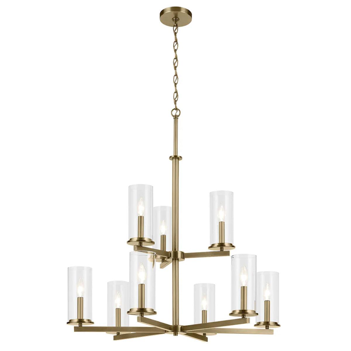 Crosby 33" 9-Light Chandelier Multi-Tier with Clear Glass, Natural brass Finish - Bees Lighting