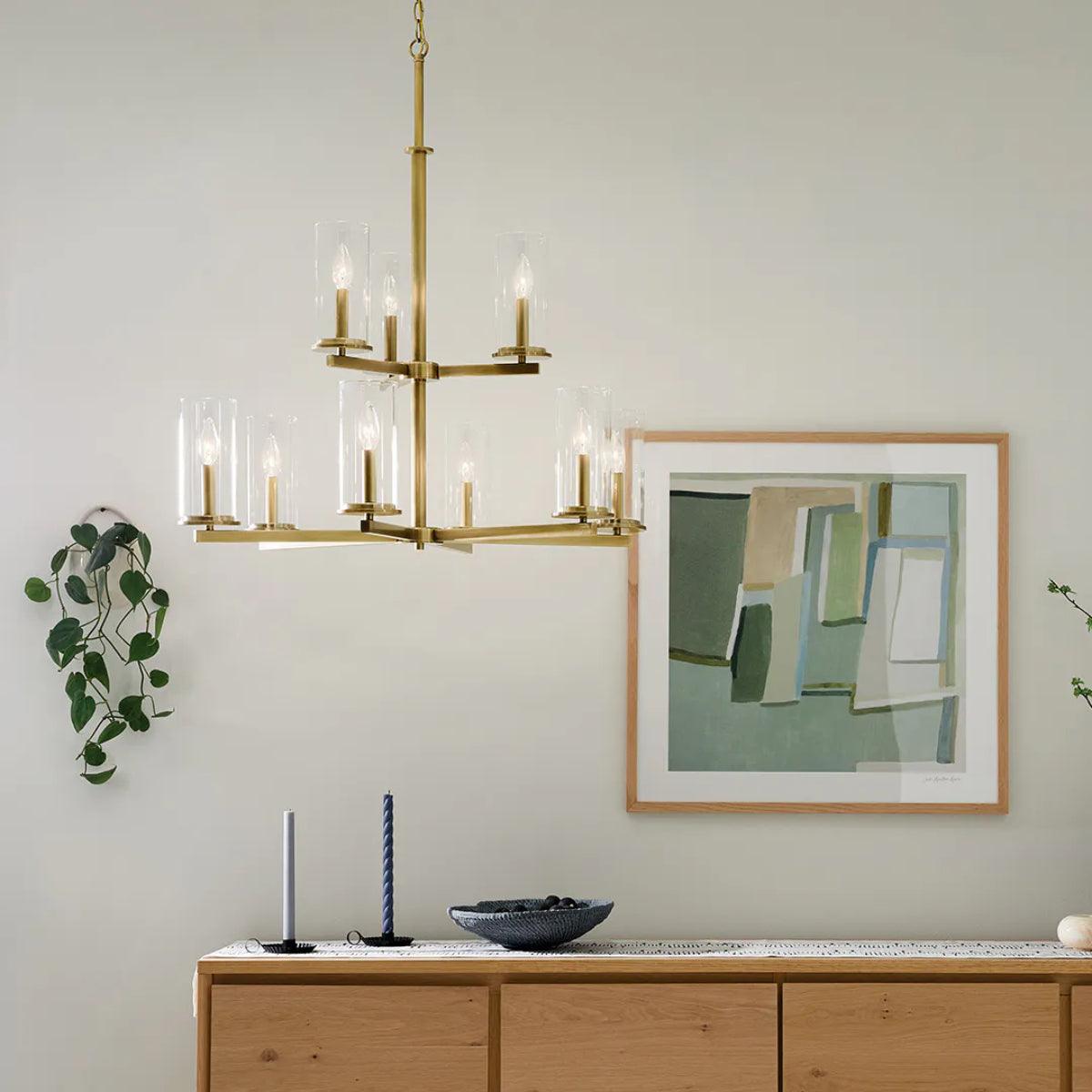 Crosby 33" 9-Light Chandelier Multi-Tier with Clear Glass, Natural brass Finish - Bees Lighting