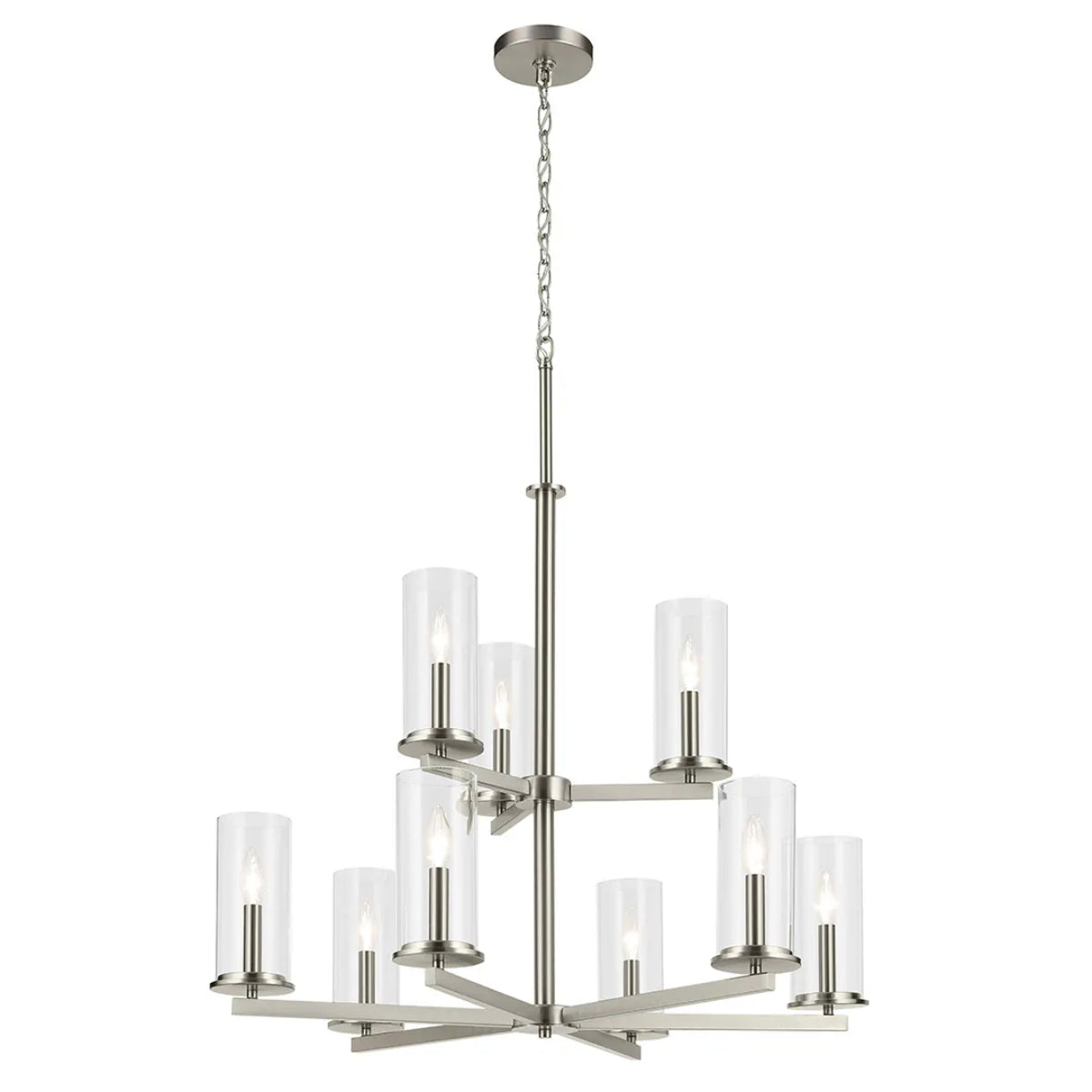 Crosby 33" 9-Light Chandelier Multi-Tier with Clear Glass, Brushed nickel Finish - Bees Lighting