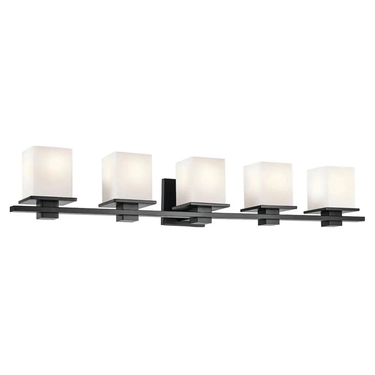 Tully 40 In 5-Lights Bathroom Vanity Light With Satin Etched Cased Opal Glass, Black Finish - Bees Lighting