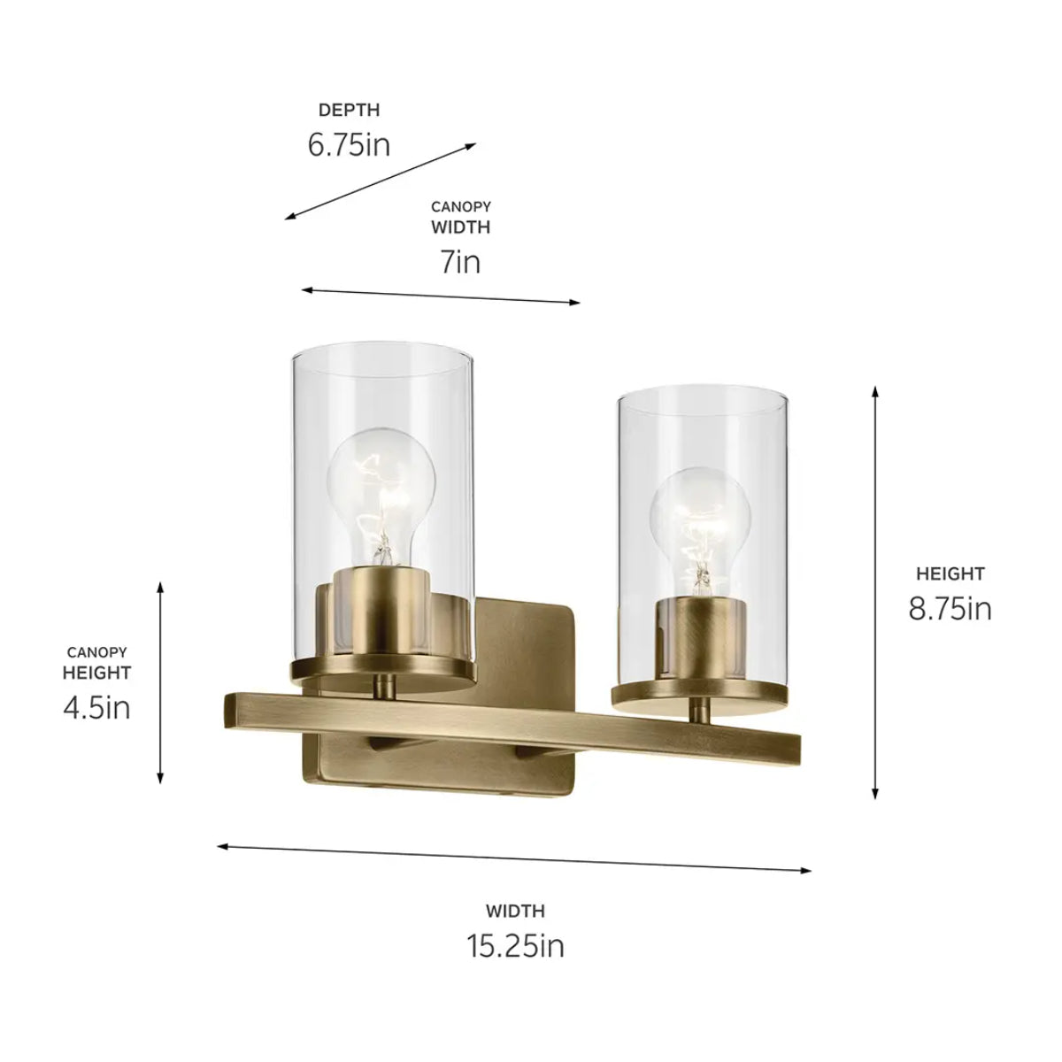 Crosby 15" 2-Light Vanity Light with Clear Glass, Natural Brass Finish