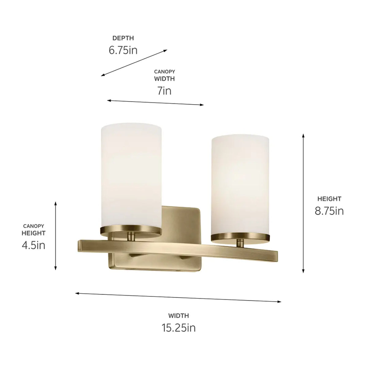 Crosby 15" 2-Light Vanity Light with Satin Etched Cased Opal Glass, Natural Brass Finish