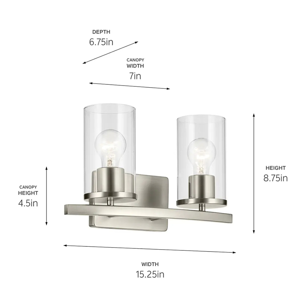 Crosby 15" 2-Light Vanity Light with Clear Glass, Brushed Nickel Finish