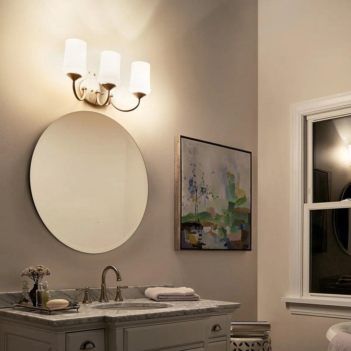 Aubrey 21 In 3-Lights LED Bathroom Vanity Light With Satin Etched Cased Opal Glass, Brushed Nickel Finish - Bees Lighting