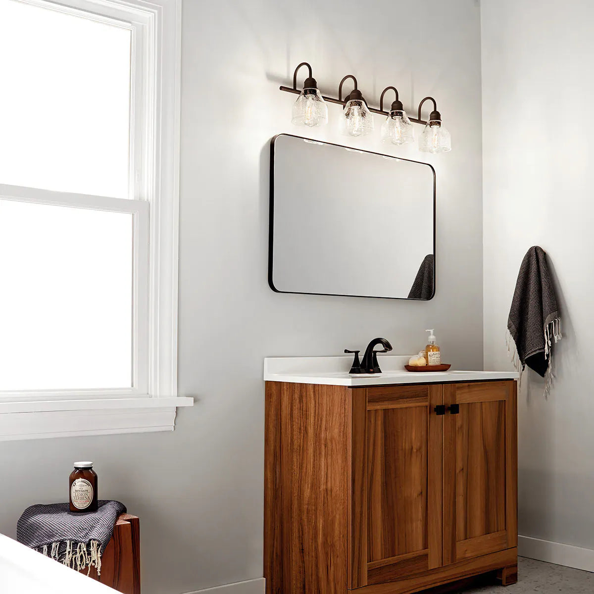 Avery 34 In 4-Lights Bathroom Vanity Light With Clear Fluted Glass, Bronze Finish - Bees Lighting