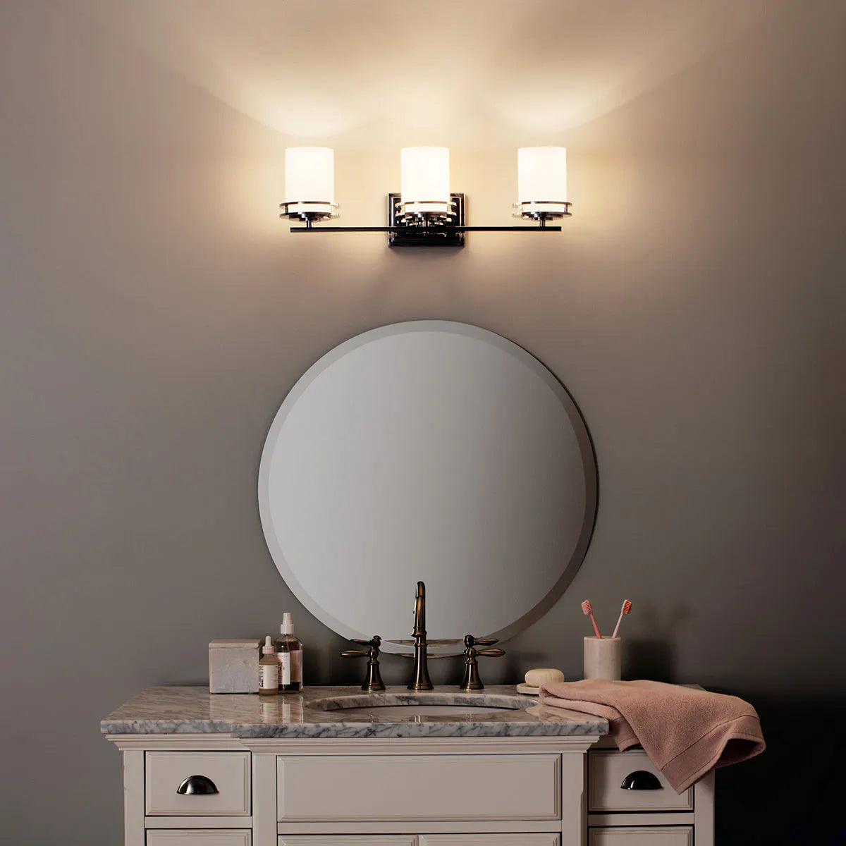 Hendrik 24 In 3-Lights Bathroom Vanity Light With Satin Etched Cased Opal Glass, Brushed Nickel Finish - Bees Lighting