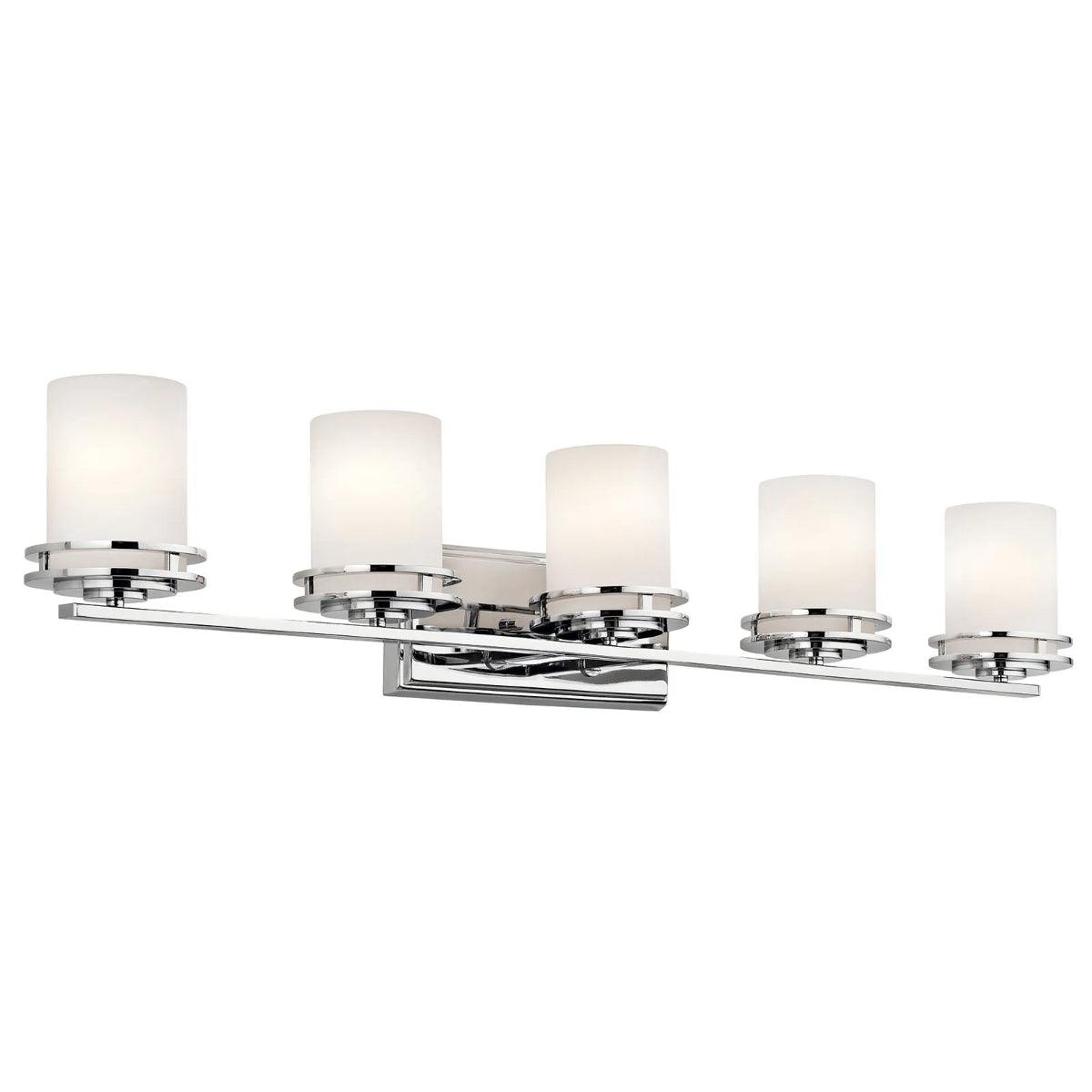 Hendrik 43 In 5-Lights Bathroom Vanity Light With Satin Etched Cased Opal Glass, Chrome Finish - Bees Lighting