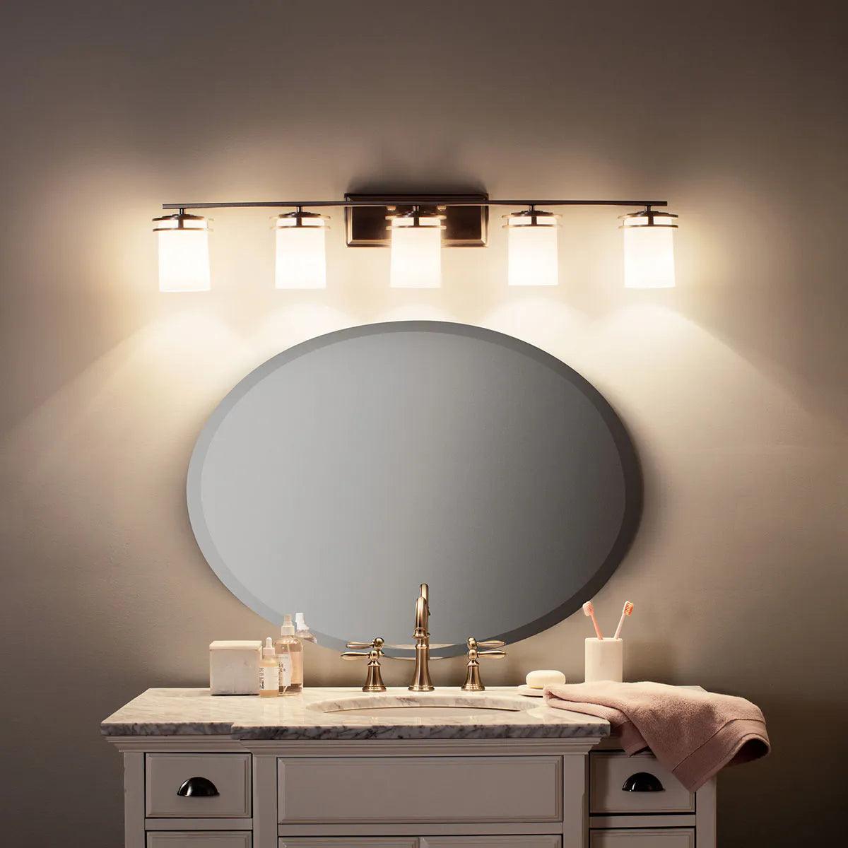 Hendrik 43 In 5-Lights Bathroom Vanity Light With Satin Etched Cased Opal Glass, Chrome Finish - Bees Lighting