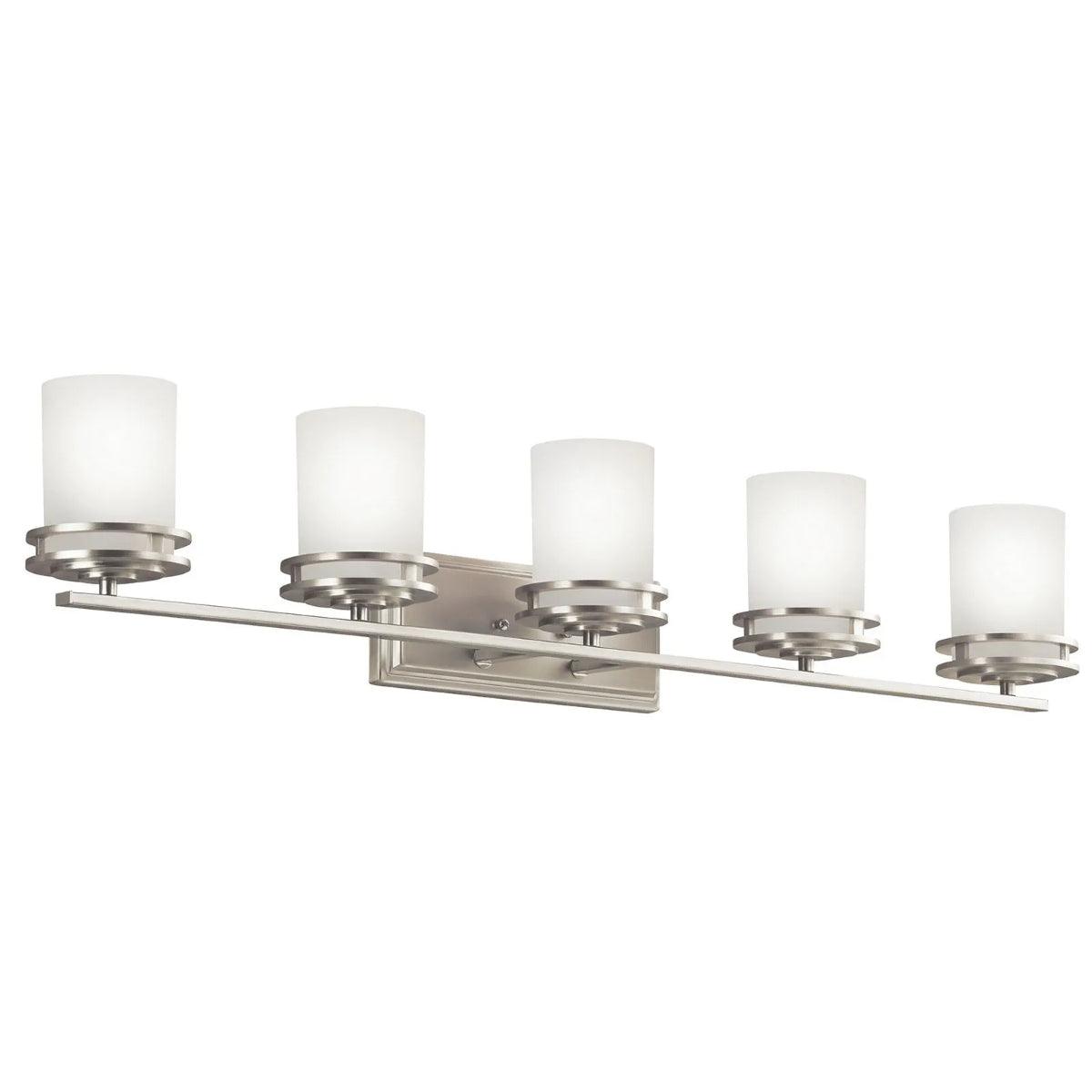 Hendrik 43 In 5-Lights Bathroom Vanity Light With Satin Etched Cased Opal Glass, Brushed Nickel Finish - Bees Lighting