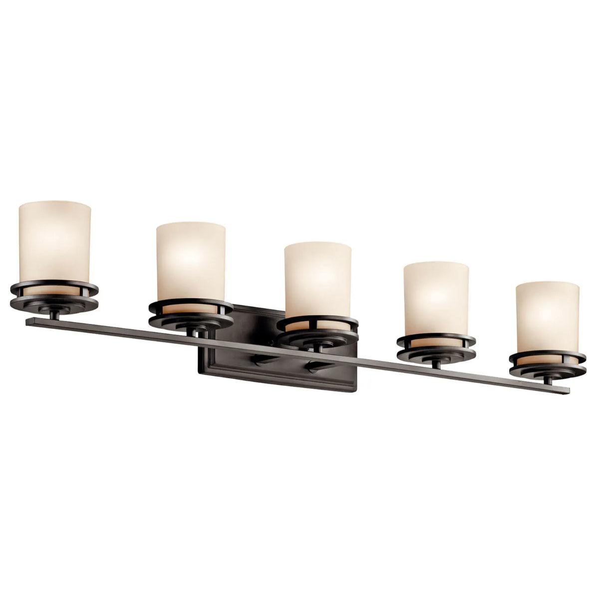 Hendrik 43 In 5-Lights Bathroom Vanity Light With Satin Etched Cased Opal Glass, Bronze Finish - Bees Lighting