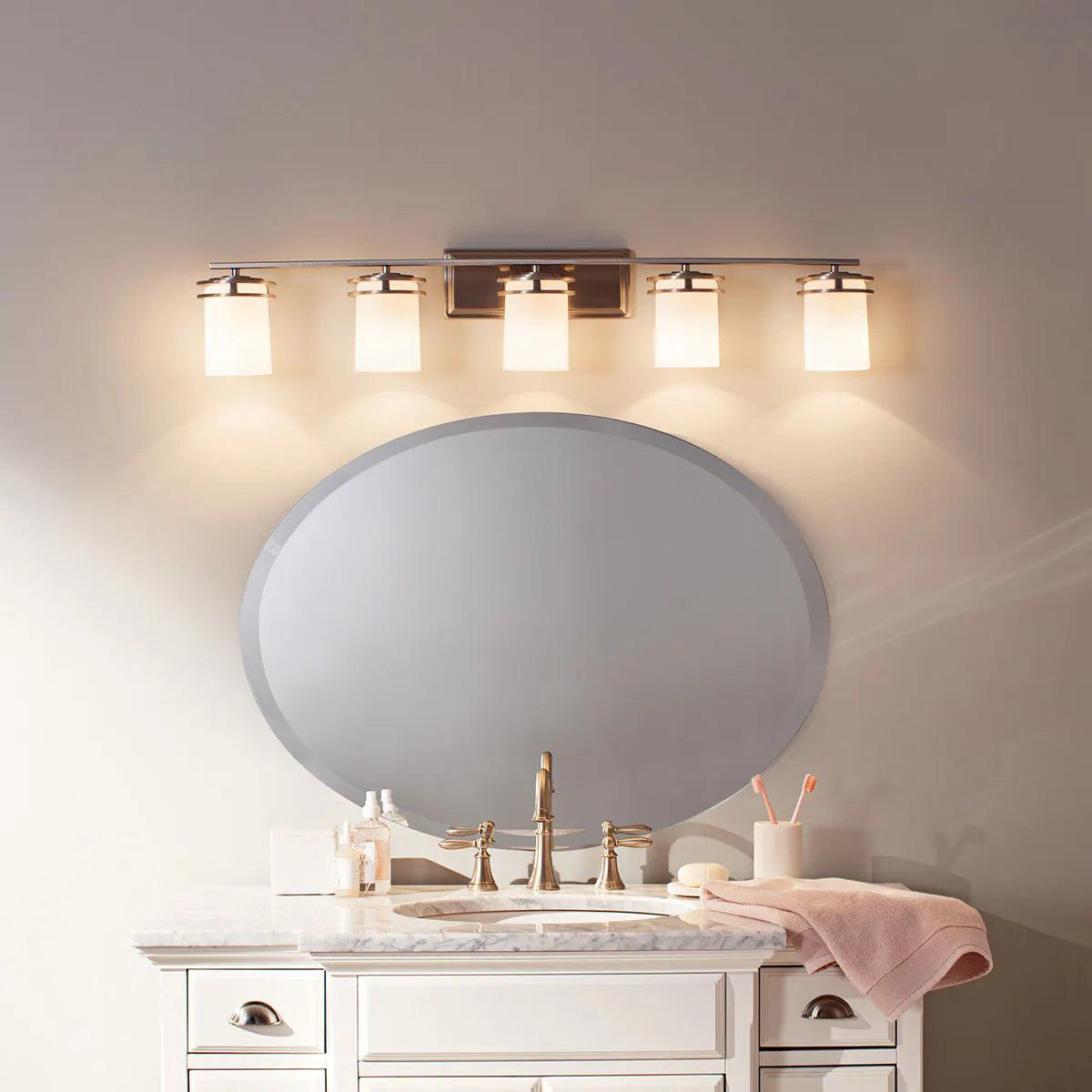 Hendrik 43 In 5-Lights Bathroom Vanity Light With Satin Etched Cased Opal Glass, Bronze Finish - Bees Lighting