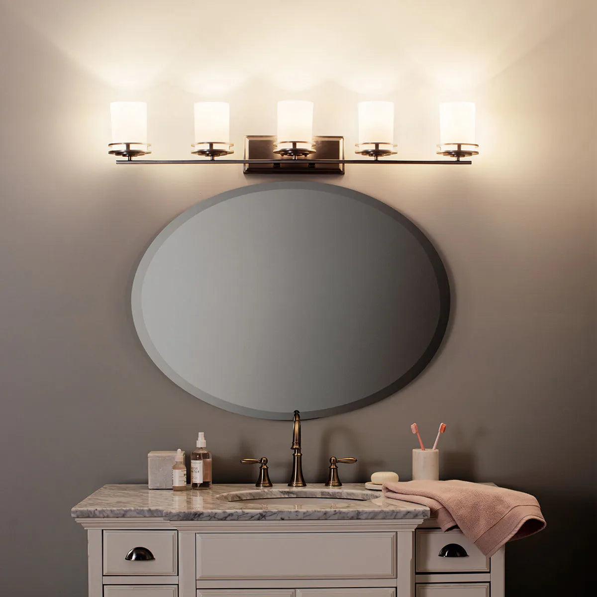 Hendrik 43 In 5-Lights Bathroom Vanity Light With Satin Etched Cased Opal Glass, Bronze Finish - Bees Lighting