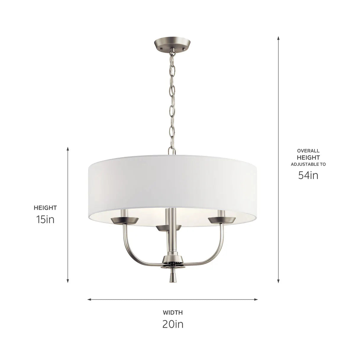 Kennewick 20" 3-Light Chandelier with Fabric Drum Shade, Brushed Nickel Finish