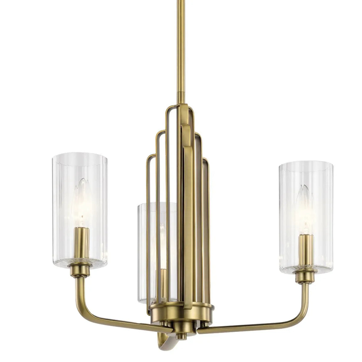 Kimrose 18" 3-Light Chandelier with Clear Fluted Glass, Brushed Natural Brass Finish - Bees Lighting