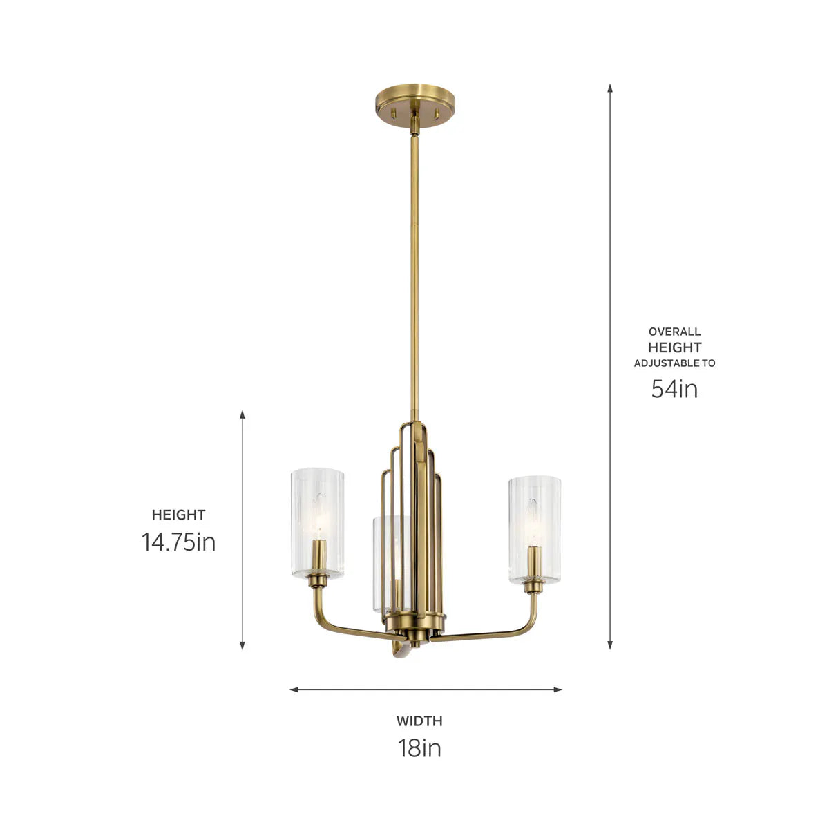 Kimrose 18" 3-Light Chandelier with Clear Fluted Glass, Brushed Natural Brass Finish - Bees Lighting