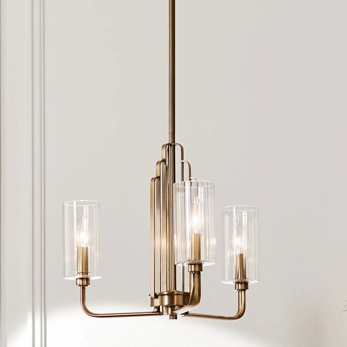 Kimrose 18" 3-Light Chandelier with Clear Fluted Glass, Brushed Natural Brass Finish - Bees Lighting