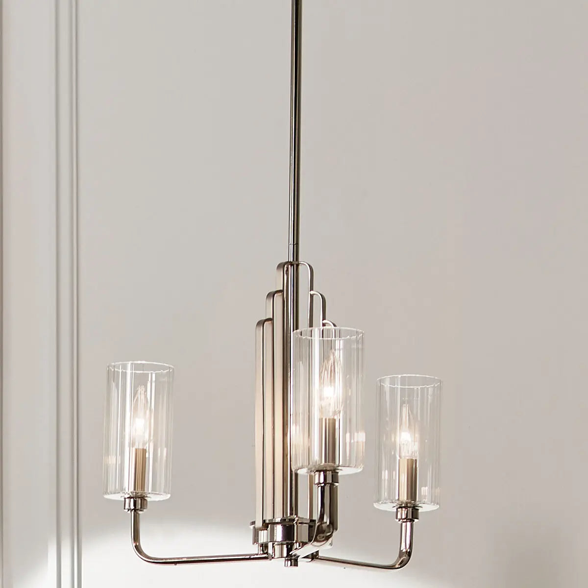 Kimrose 18" 3-Light Chandelier with Clear Fluted Glass, Polished Nickel Finish - Bees Lighting