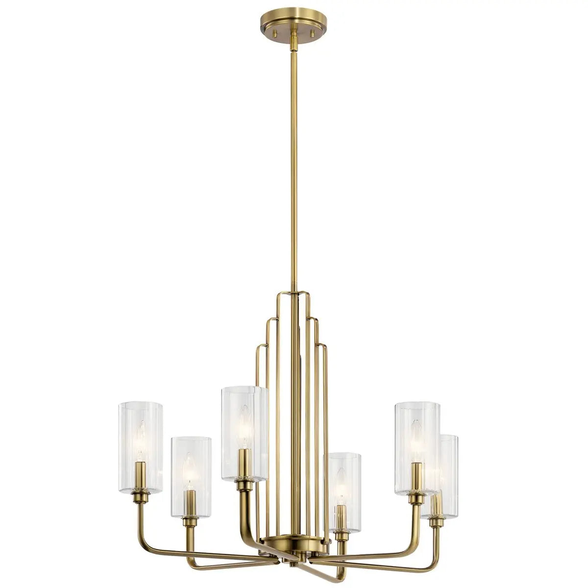 Kimrose 27" 6-Light Chandelier with Clear Fluted Glass, Brushed Natural Brass Finish - Bees Lighting