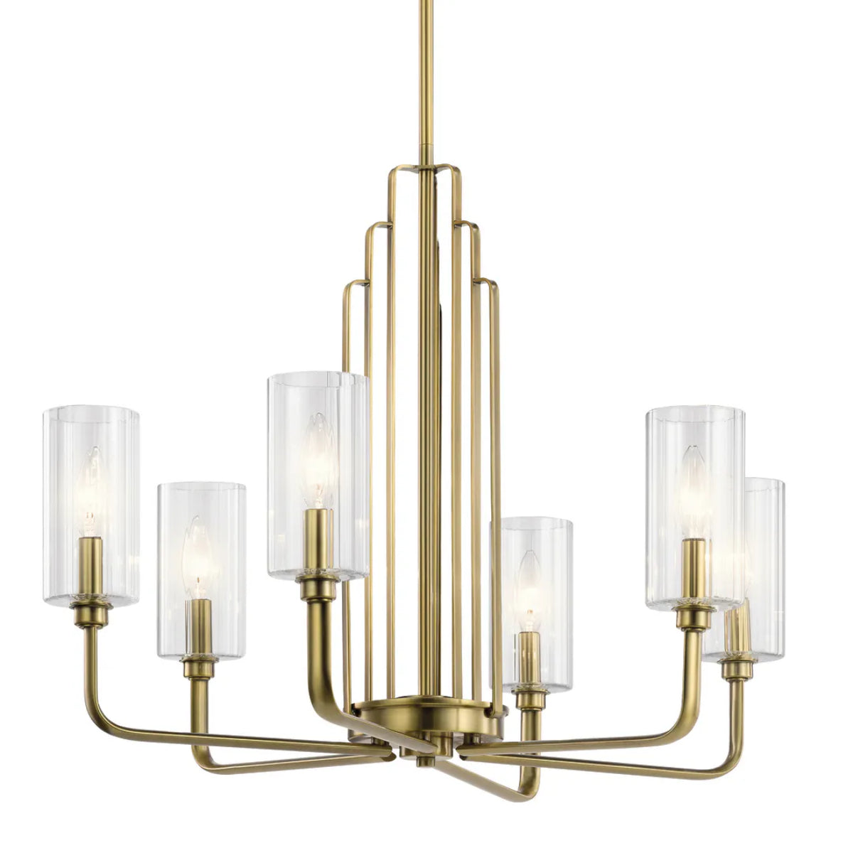 Kimrose 27" 6-Light Chandelier with Clear Fluted Glass, Brushed Natural Brass Finish - Bees Lighting