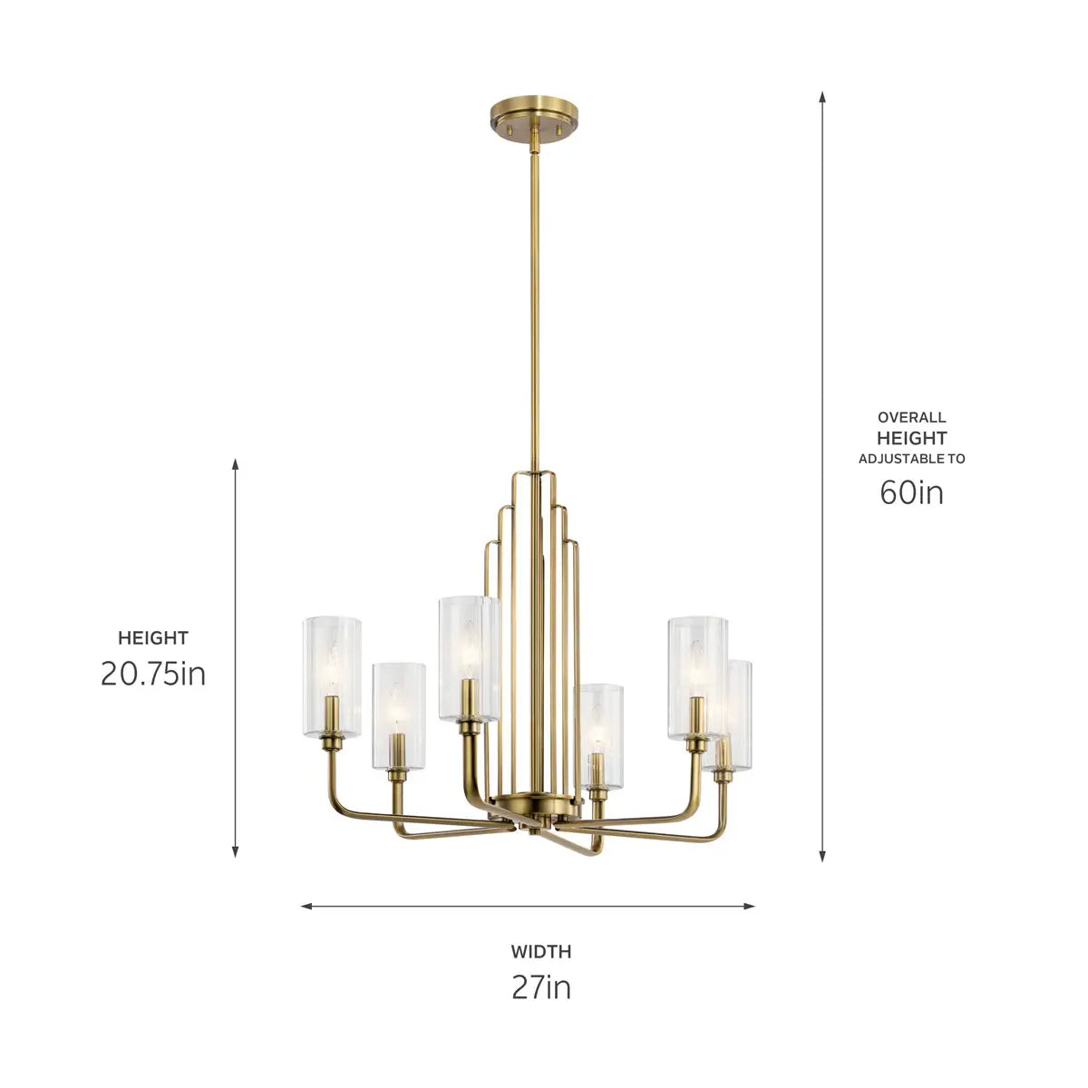 Kimrose 27" 6-Light Chandelier with Clear Fluted Glass, Brushed Natural Brass Finish - Bees Lighting