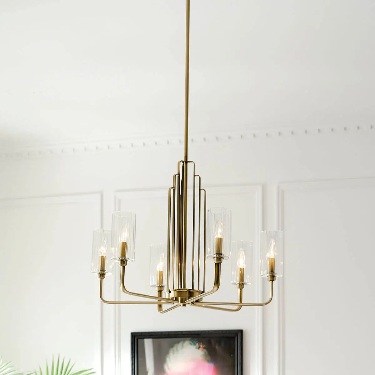 Kimrose 27" 6-Light Chandelier with Clear Fluted Glass, Brushed Natural Brass Finish - Bees Lighting