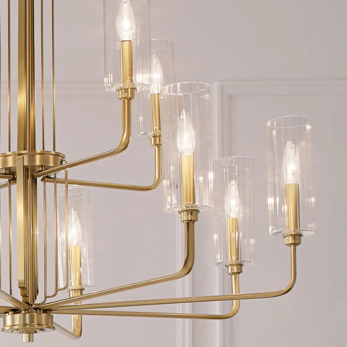 Kimrose 41" 12-Light Chandelier with Clear Fluted Glass, Brushed Natural Brass Finish - Bees Lighting