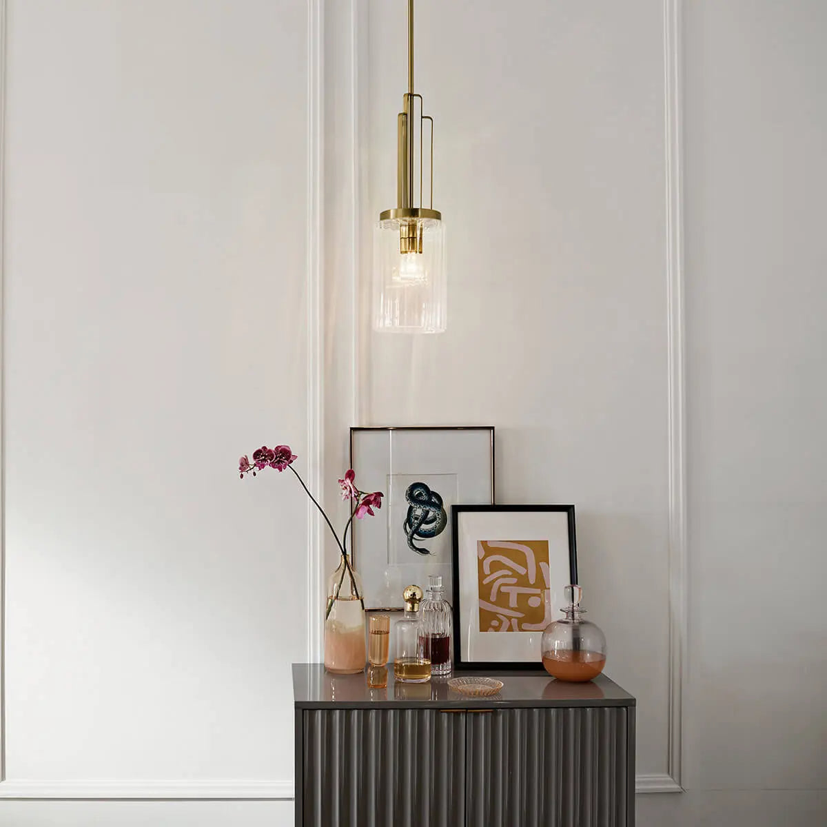 Kimrose 24" 1-Light Mini Pendant Light with Clear Fluted Glass, Brushed Natural Brass Finish - Bees Lighting