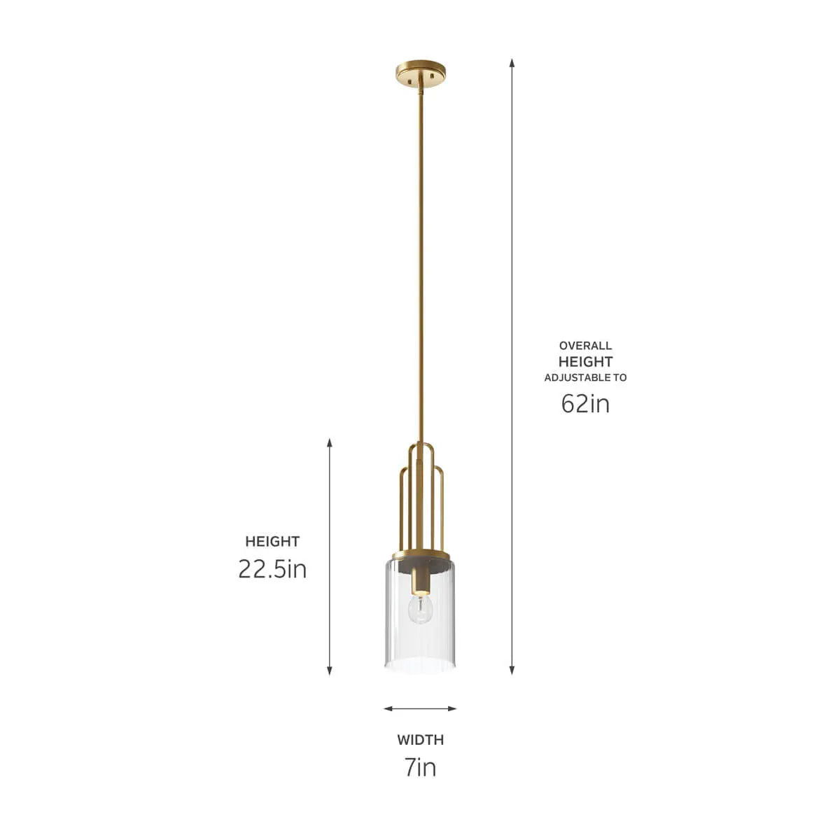 Kimrose 24" 1-Light Mini Pendant Light with Clear Fluted Glass, Brushed Natural Brass Finish - Bees Lighting