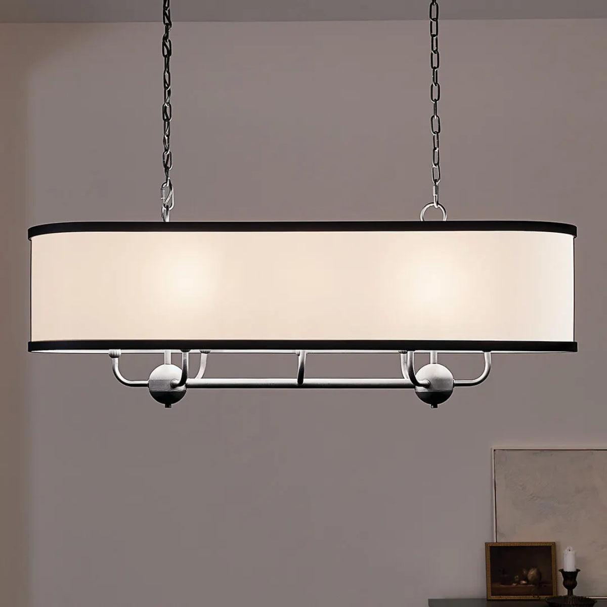 Heddle 43" 8-Light Linear Chandelier with Fabric drum shade, Textured Black Finish - Bees Lighting