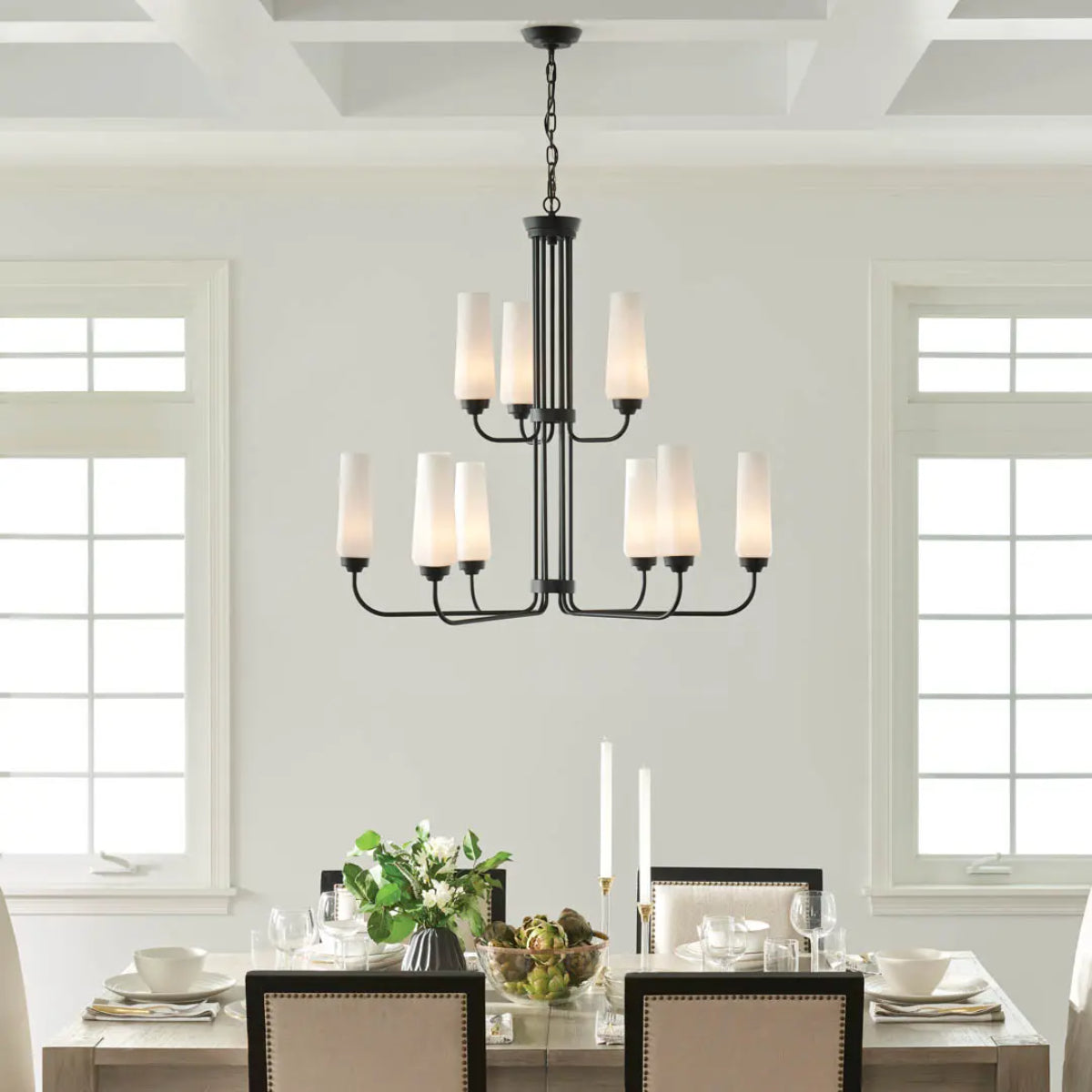 Truby 34" 9-Light Multi-Tier Chandelier, Black Finish - Bees Lighting