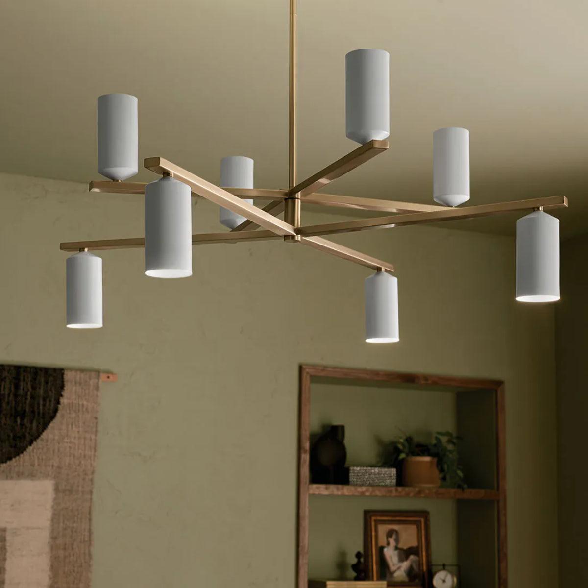 Gala 36" 8-Light Chandelier Multi-Tier with Metal cylinder shade, Champagne bronze and white Finish - Bees Lighting