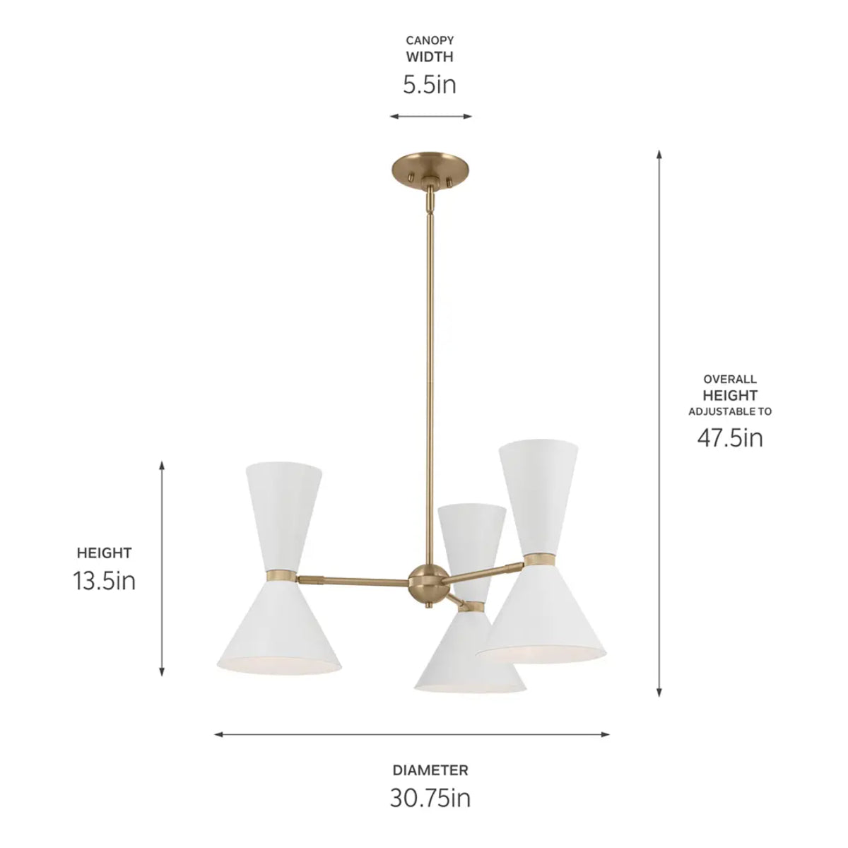 Phix 31" 6-Light Chandelier with Metal Cone Shade, Champagne Bronze and White Finish - Bees Lighting