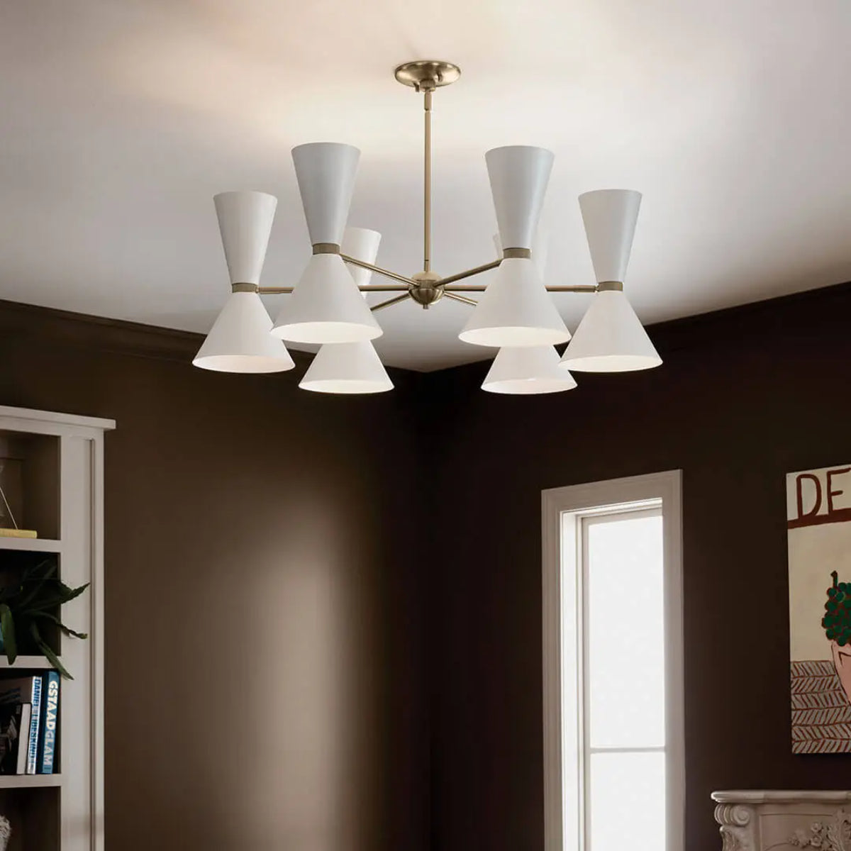 Phix 39" 12-Light Chandelier with Metal Cone Shade, Champagne Bronze and White Finish - Bees Lighting