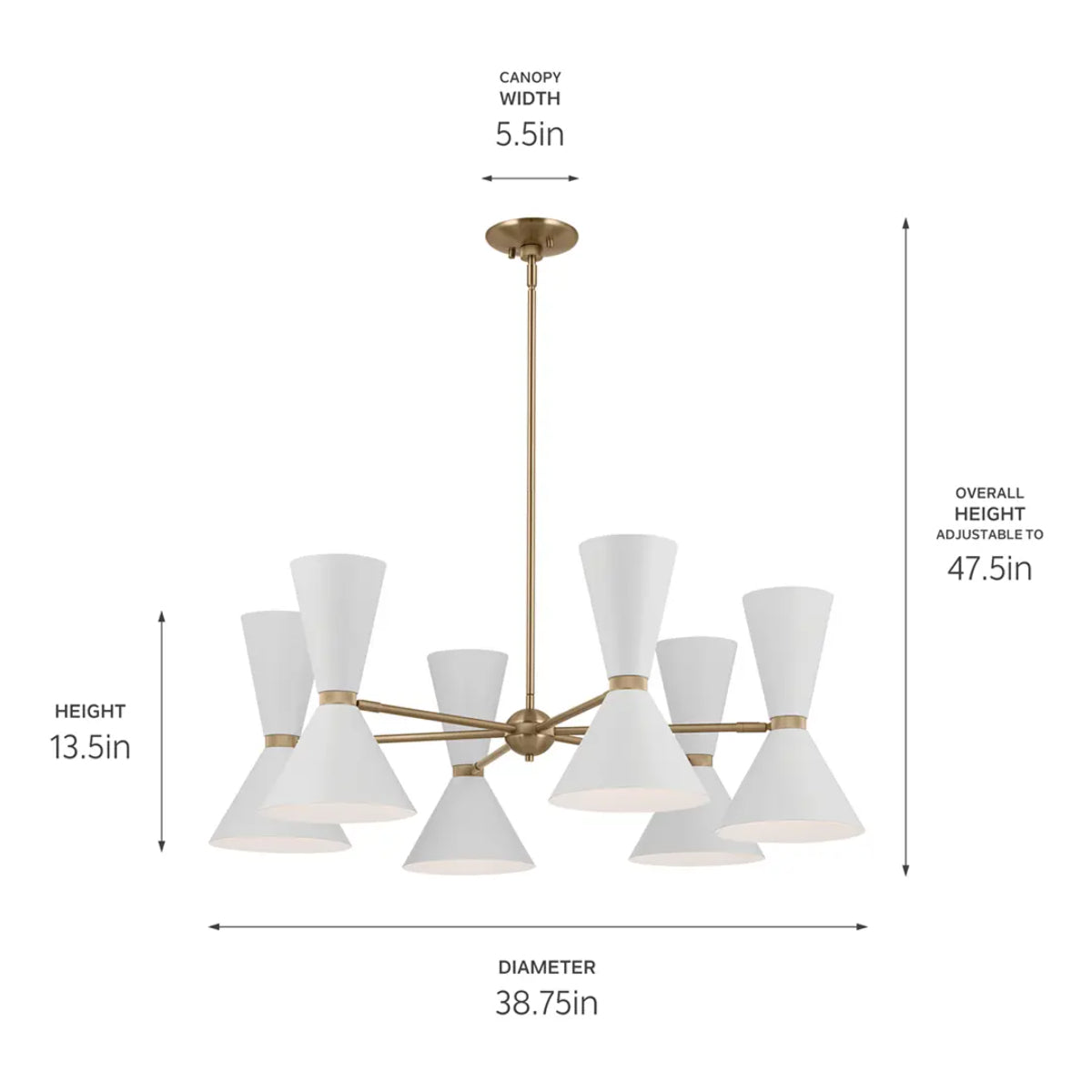 Phix 39" 12-Light Chandelier with Metal Cone Shade, Champagne Bronze and White Finish - Bees Lighting