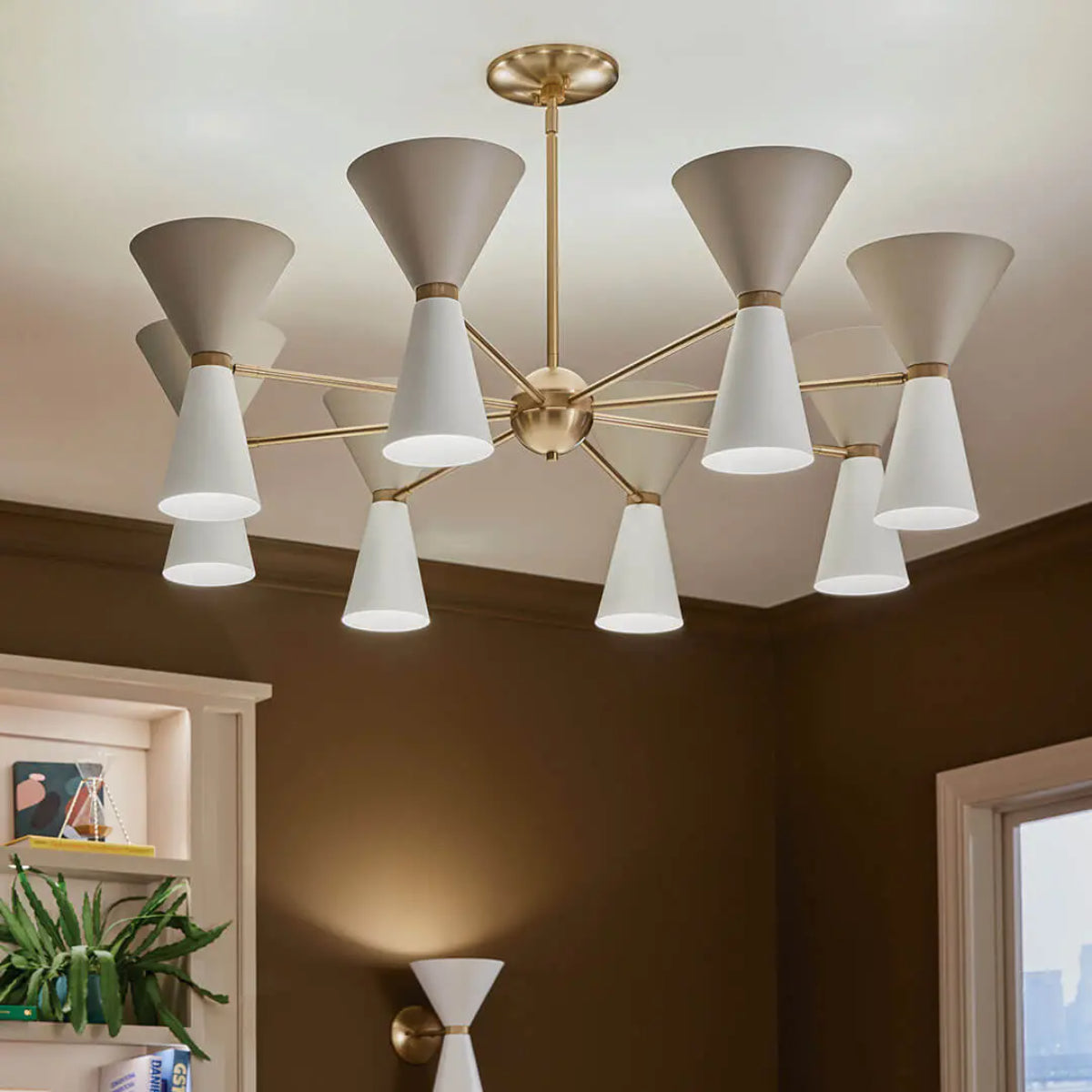 Phix 49" 16-Light Chandelier with Metal Cone Shade, Champagne Bronze and Greige|White Finish - Bees Lighting