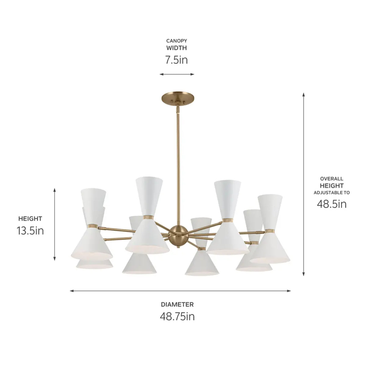 Phix 49" 16-Light Chandelier with Metal Cone Shade, Champagne Bronze and White Finish - Bees Lighting